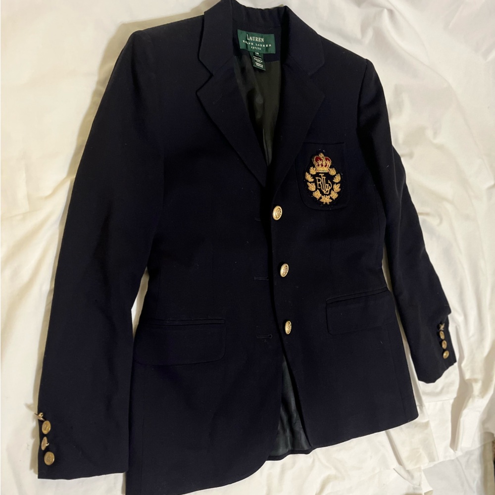 Ralph Lauren Navy Petite Blazer with Green Label 💯 perfect pure wool.